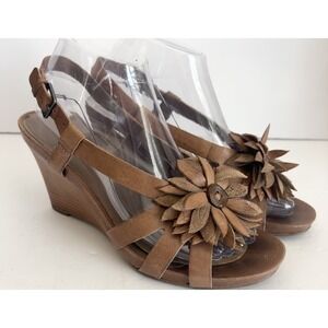 ECCO Tan Brown Leather Big Flower Slingback Wedge Sandals EU 38 - 7.5 Boho